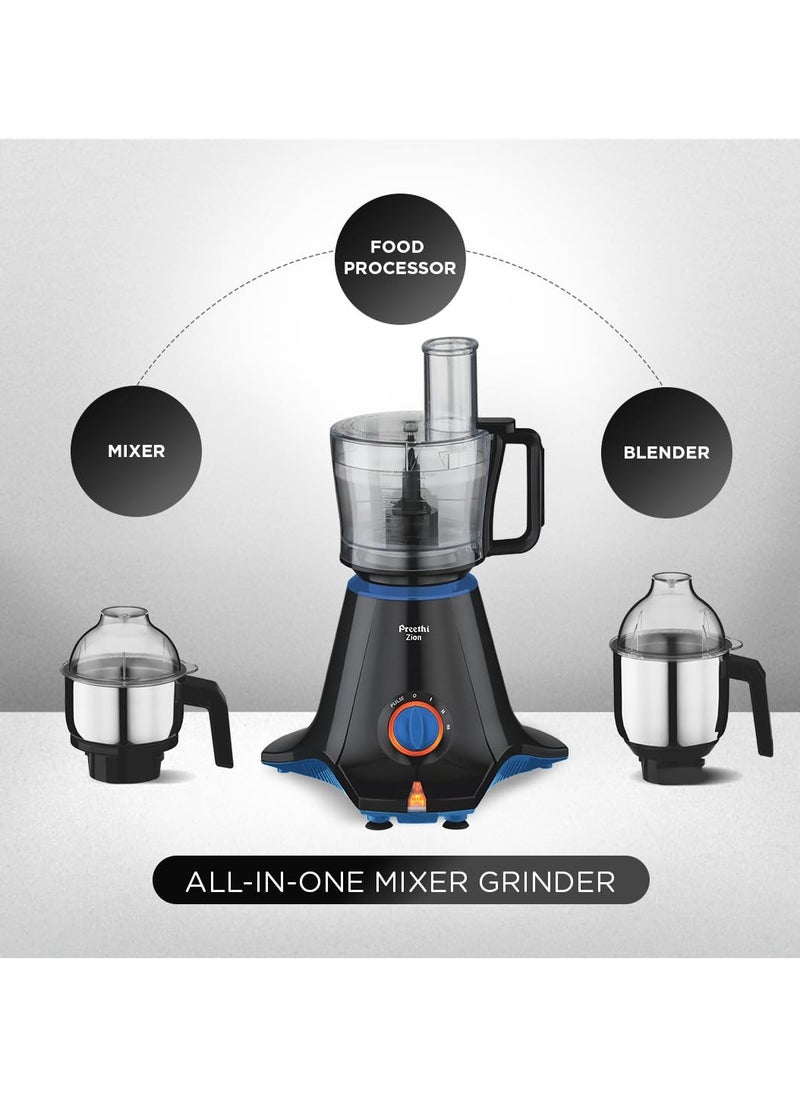 Preethi Zion Mixer Grinder for Kitchen - 4 Jars 750 Watt Mixie (3 Stainless steel Jars+1 Master Chef Plus Food processor Jar), Flexi lids, Vega W5 motor, Black (MG-227)