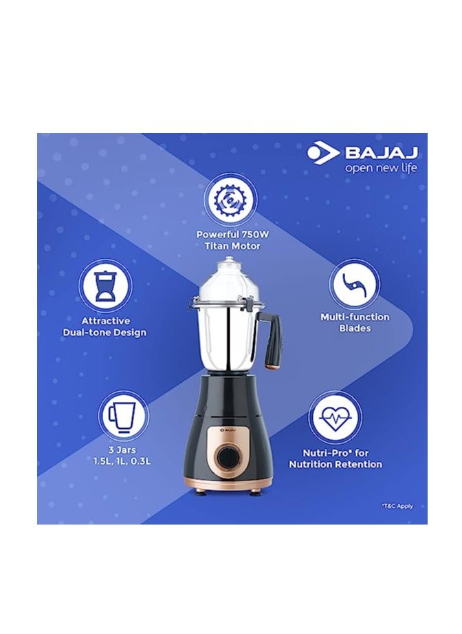 Bajaj Mixer Grinder Indian GX-3701 750W Nutri-Pro Feature 3 Jars