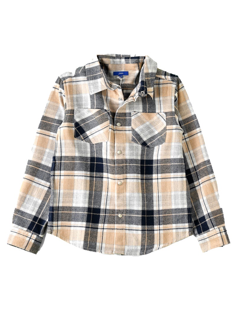 Boys Beige and Black Plaid Flannel Shirt