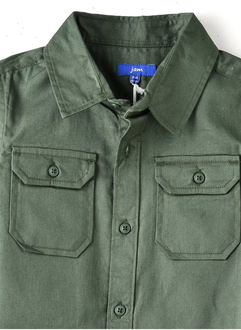 Kids Olive Green Button-Up Utility Shirt