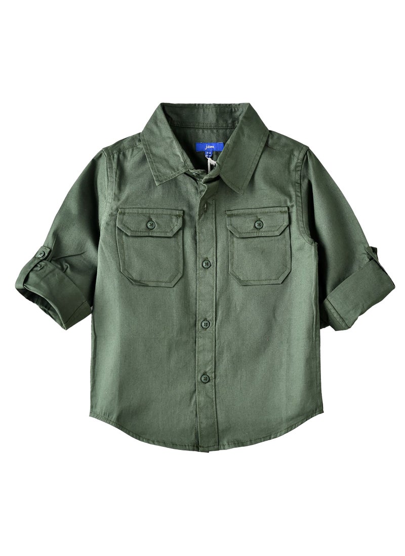 Kids Olive Green Button-Up Utility Shirt