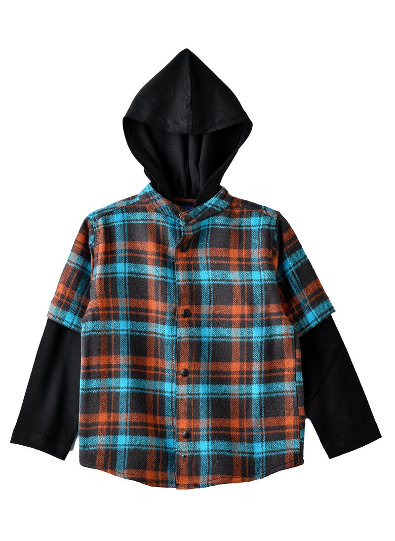 Boys Hooded Plaid Shirt with Long Sleeves