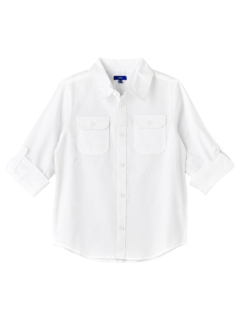 Boys White Casual Shirt with Roll-Up Sleeves