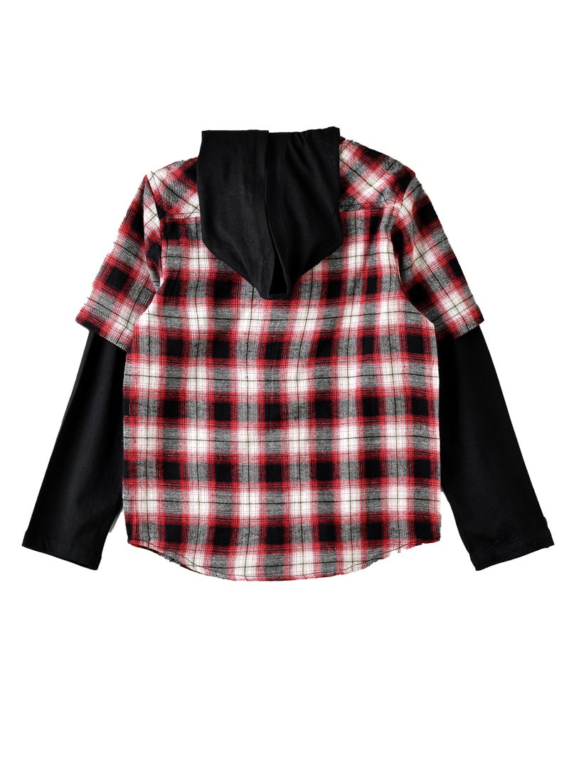 Boys Hooded Red Plaid Flannel Shirt