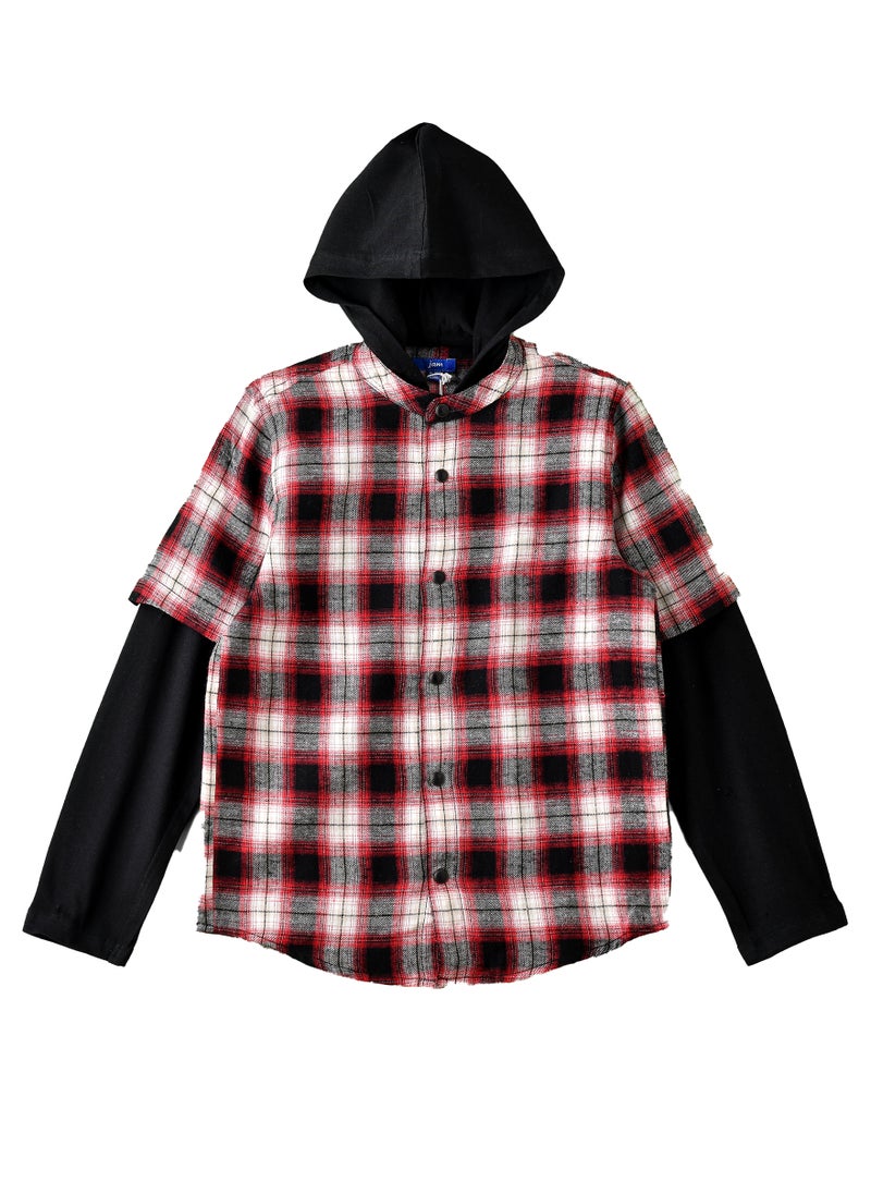 Boys Hooded Red Plaid Flannel Shirt