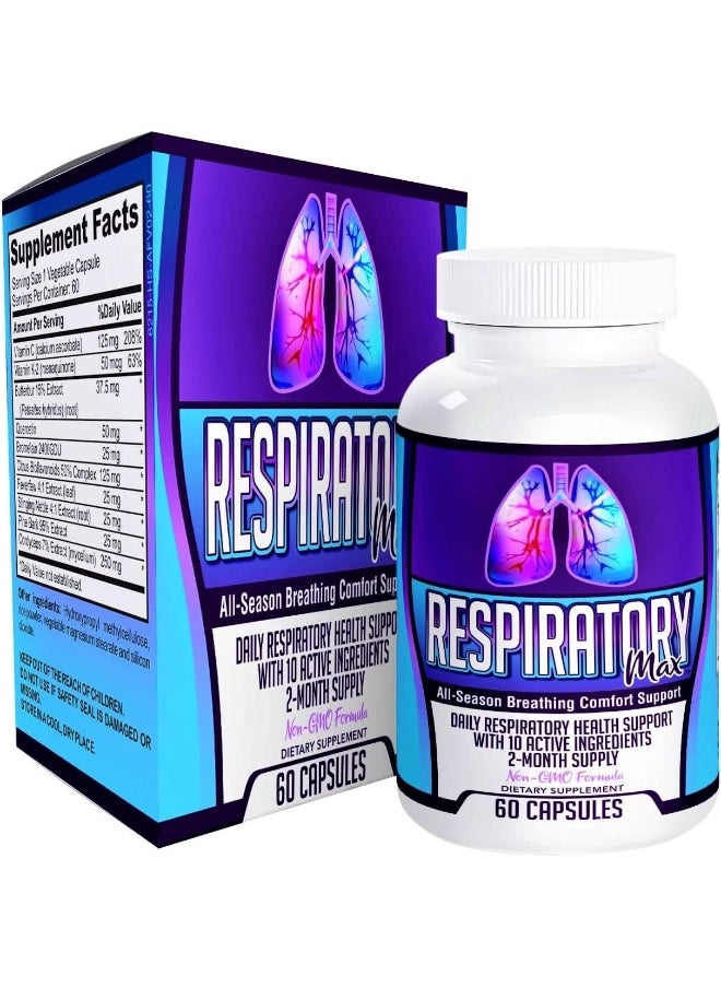 Respiratory-MAX: All-in-1 Respiratory Supplement (2-Month Supply) Lung Health Relief Support Supplements and Vitamins - Breathe Easy with Proper Respiratory Nutrients - Easy to Swallow 60 Capsules