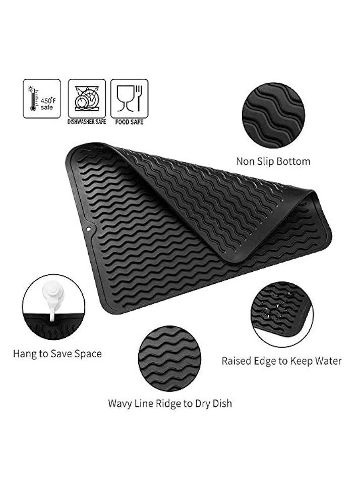 Silicone Dish Drying Mat Easy Clean Dishwasher Heat Resistant Eco-Friendly Trivet Black Large 40 X 30cm