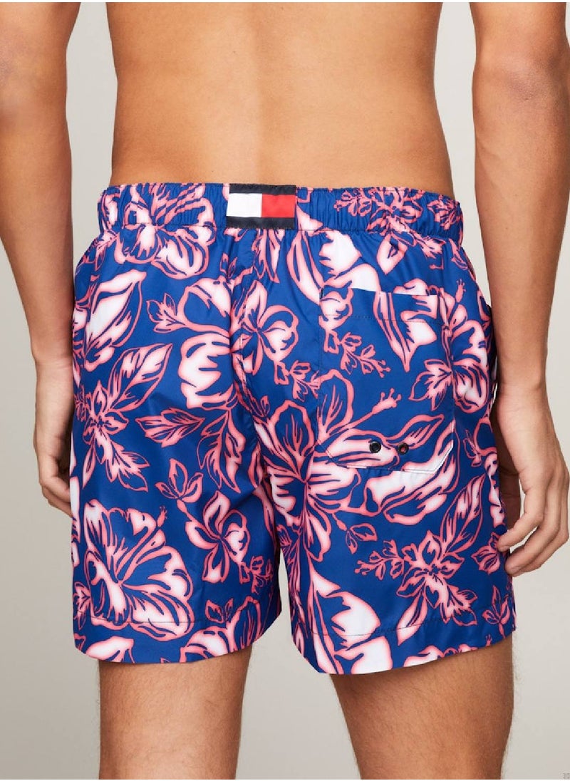 Men's Print Drawstring Mid Length Swim Shorts - Polyester, Pink