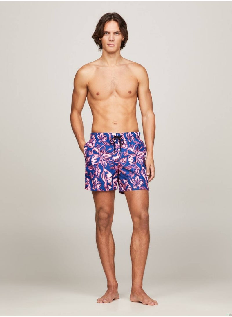 Men's Print Drawstring Mid Length Swim Shorts - Polyester, Pink