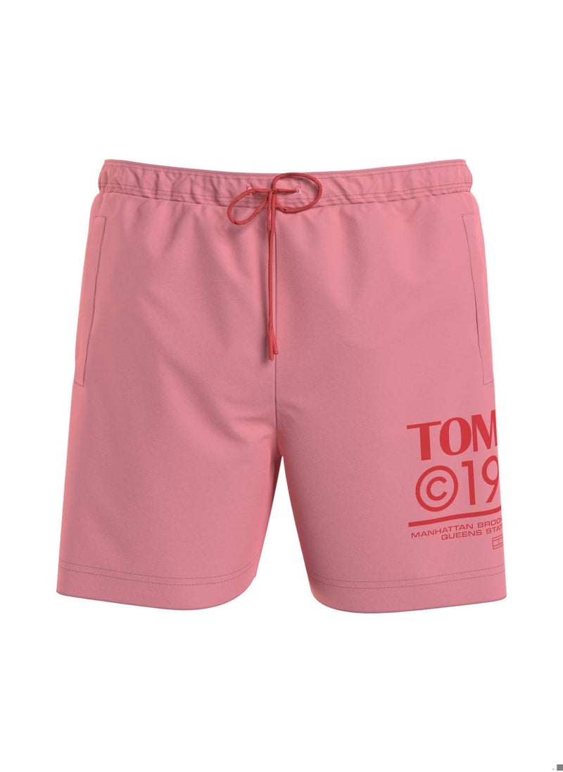 Men's Logo Drawstring Mid Length Slim Swim Shorts - Polyester, Pink