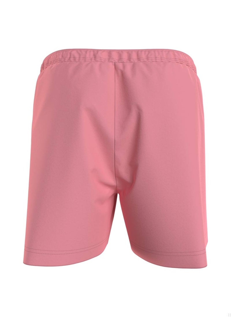 Men's Logo Drawstring Mid Length Slim Swim Shorts - Polyester, Pink