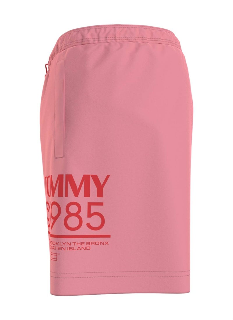 Men's Logo Drawstring Mid Length Slim Swim Shorts - Polyester, Pink