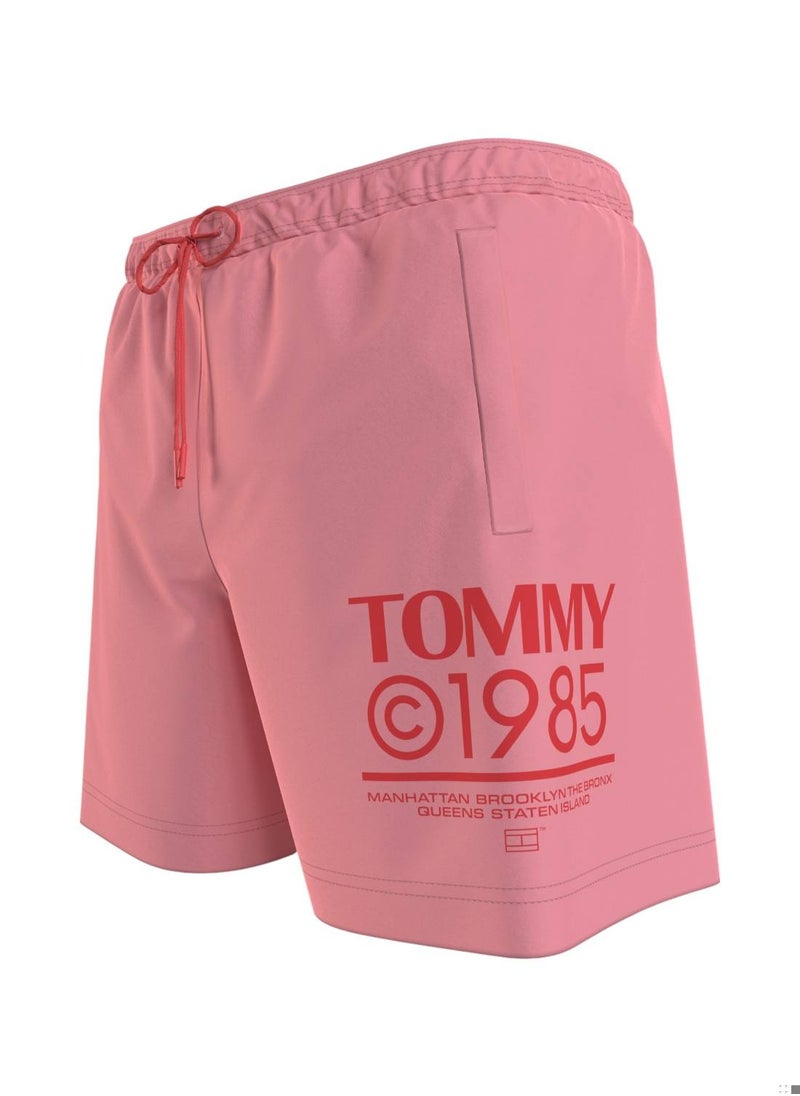 Men's Logo Drawstring Mid Length Slim Swim Shorts - Polyester, Pink