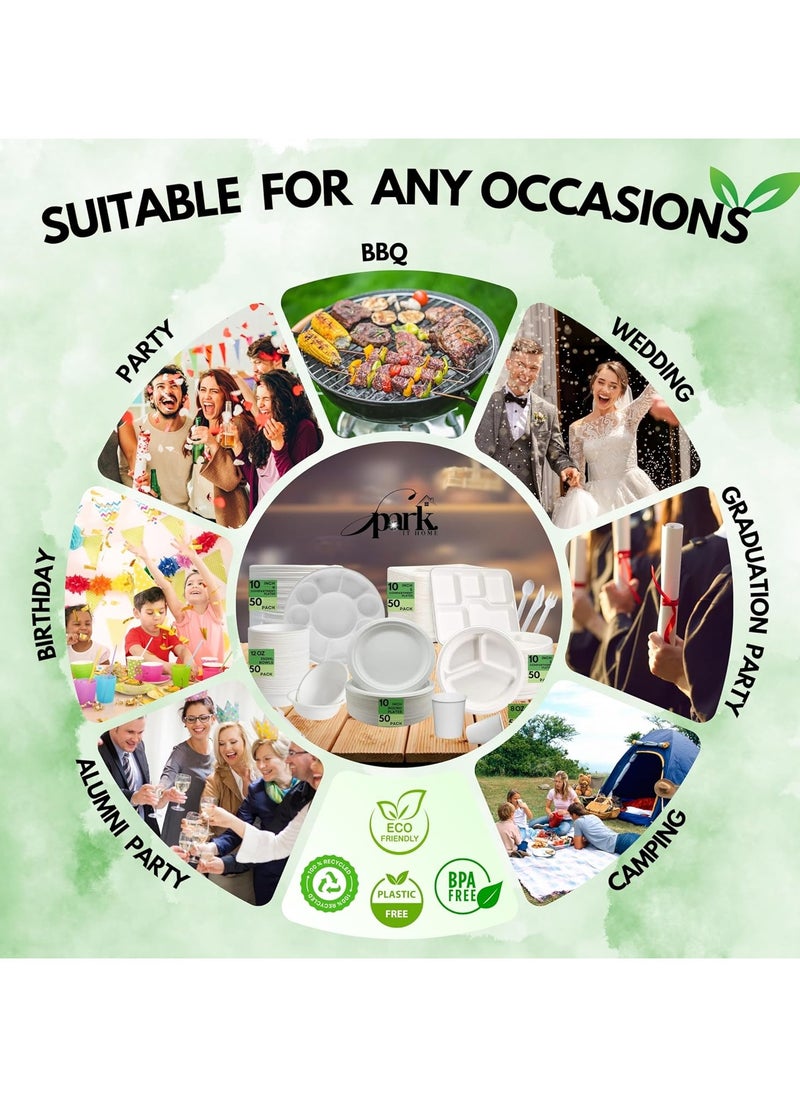 Spark It Home Disposable Plates, Eco-friendly, Compostable Party Plates, Biodegradable,100% Natural Sugarcane, Everyday Tableware, Heavy Duty, Microwave Freezer Safe 50 Pieces (10 Inch 9 compartments)