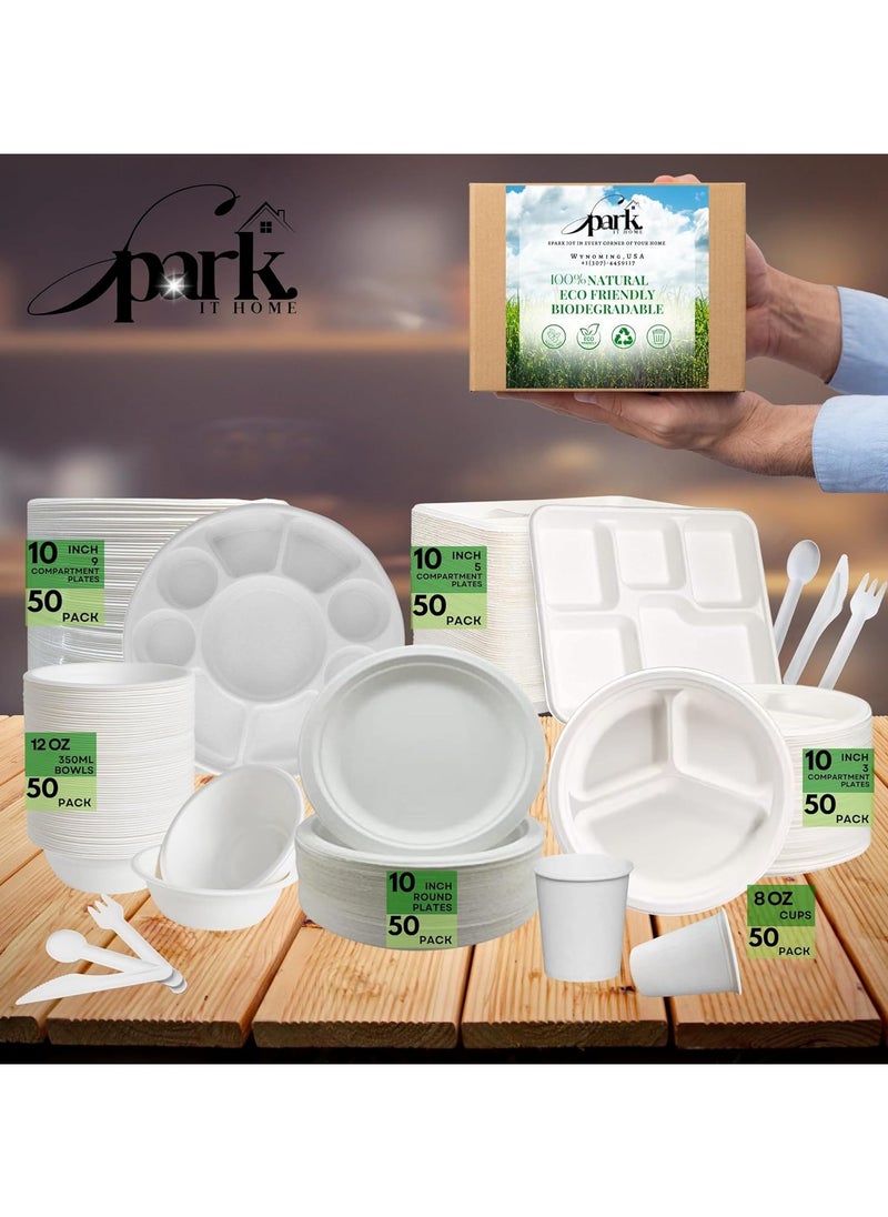 Spark It Home Disposable Plates, Eco-friendly, Compostable Party Plates, Biodegradable,100% Natural Sugarcane, Everyday Tableware, Heavy Duty, Microwave Freezer Safe 50 Pieces (10 Inch 9 compartments)