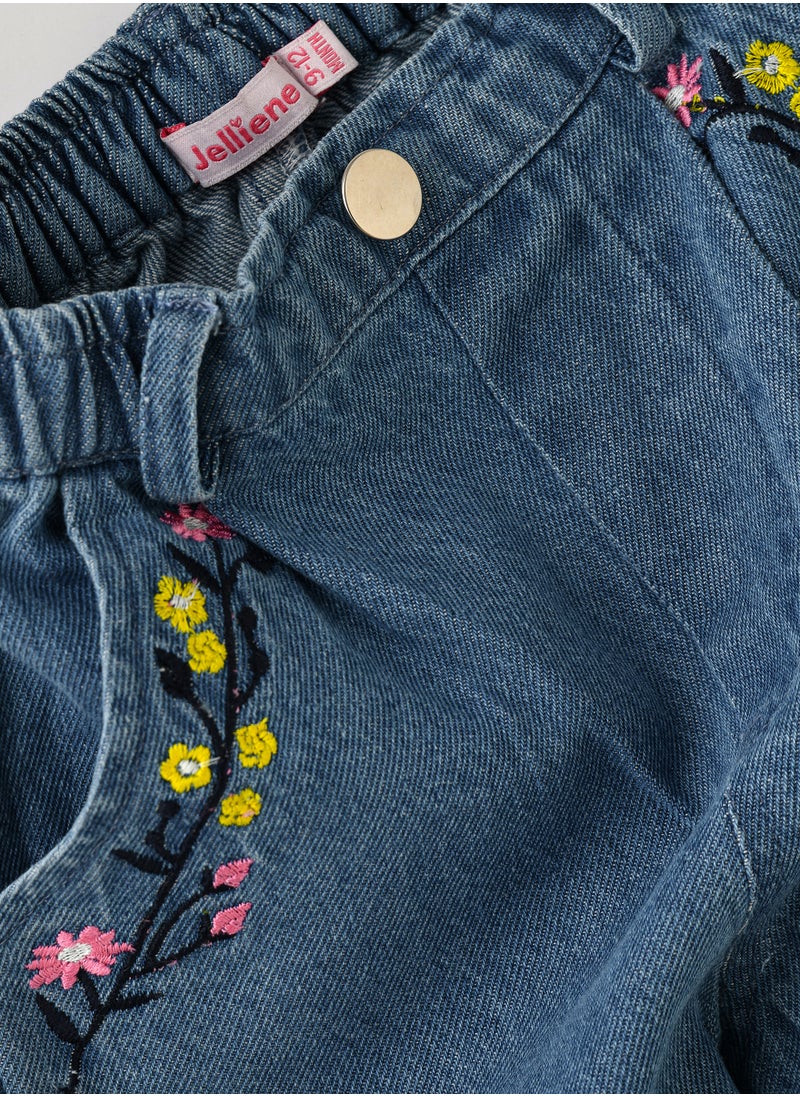 Girls Denim Pants with Floral Embroidery