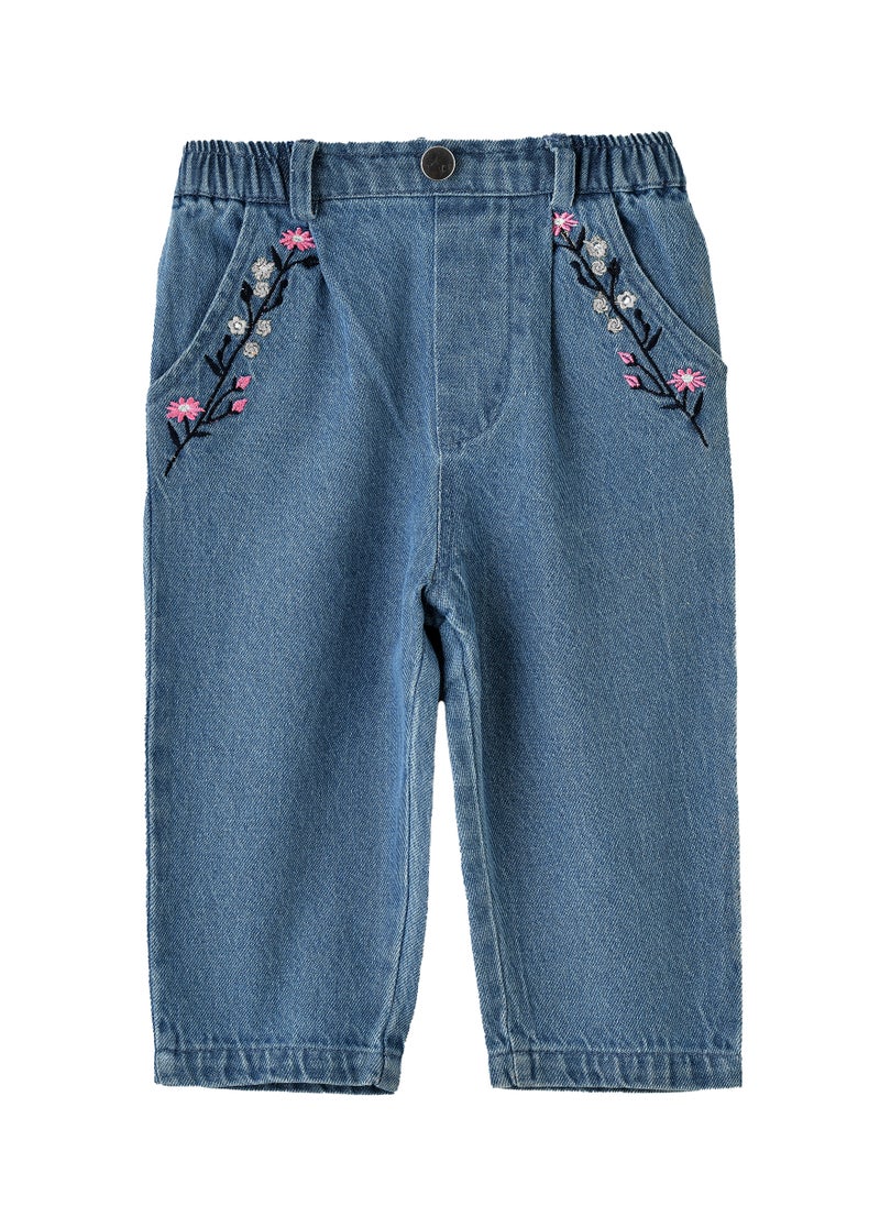 Girls Denim Pants with Floral Embroidery