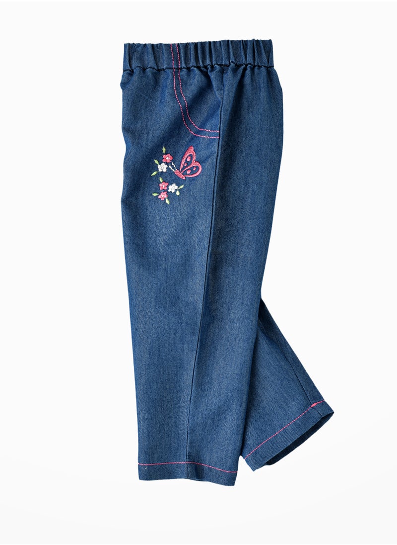 Girls' Denim Butterfly Embroidered Pants