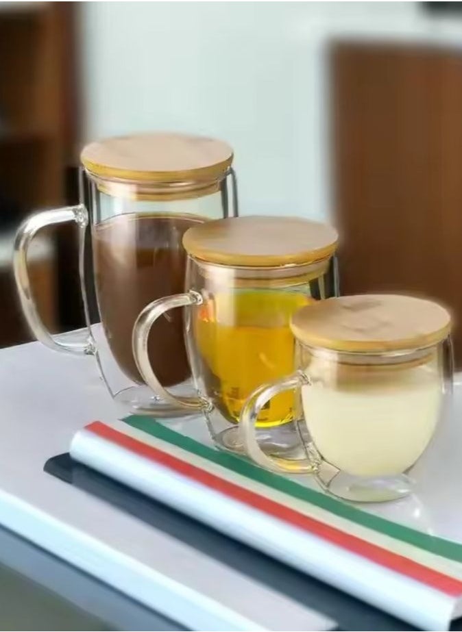 Double Walled Coffee Cups With Handle Bamboo Lid Set Includes 1xLarge 450ml, 1xMedium 350ml, 1xSmall 250ml