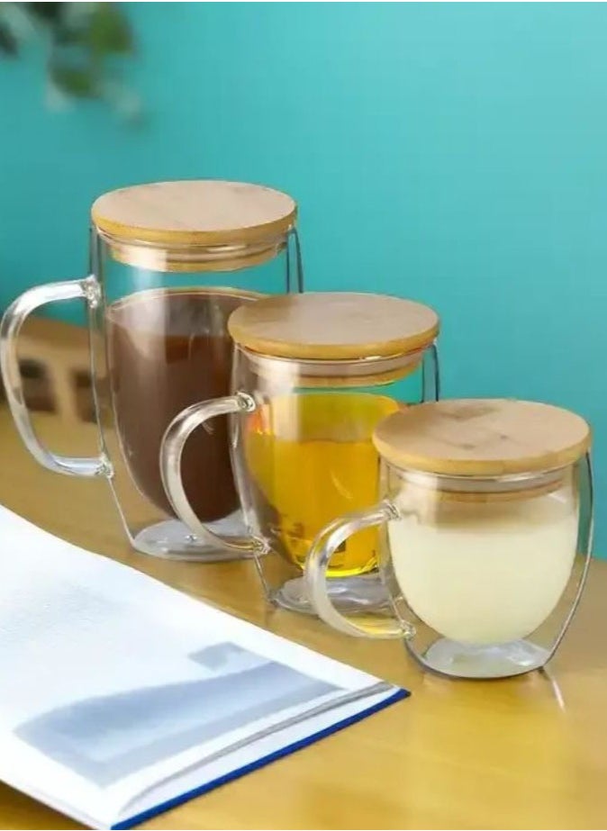 Double Walled Coffee Cups With Handle Bamboo Lid Set Includes 1xLarge 450ml, 1xMedium 350ml, 1xSmall 250ml