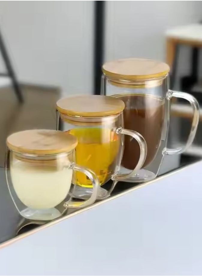 Double Walled Coffee Cups With Handle Bamboo Lid Set Includes 1xLarge 450ml, 1xMedium 350ml, 1xSmall 250ml