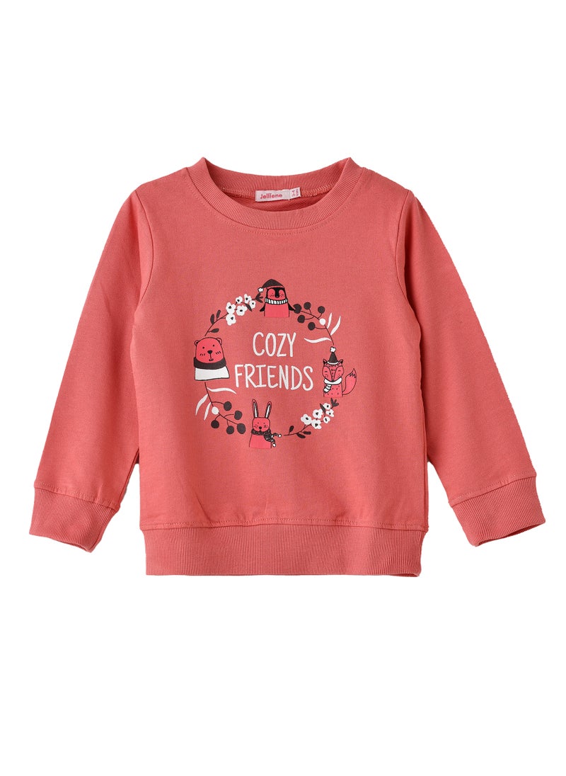 Girls Coral Sweatshirt - Cozy Friends Print