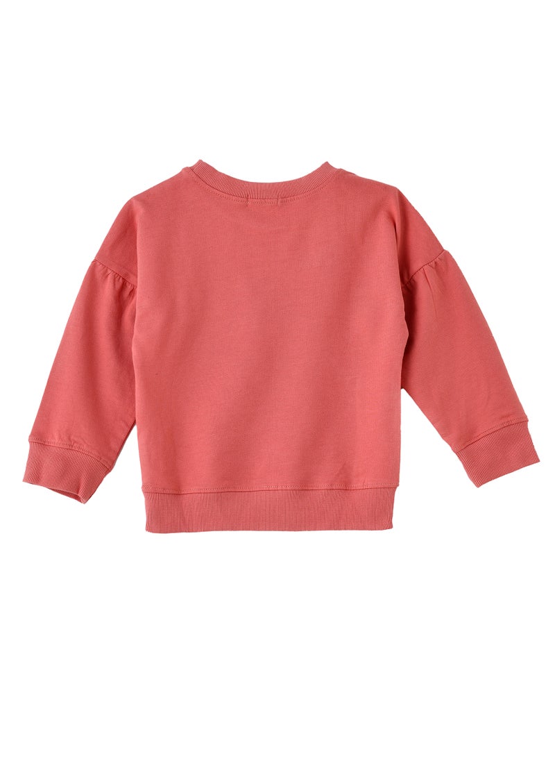 Girls Coral Sweatshirt with Floral Embroidery