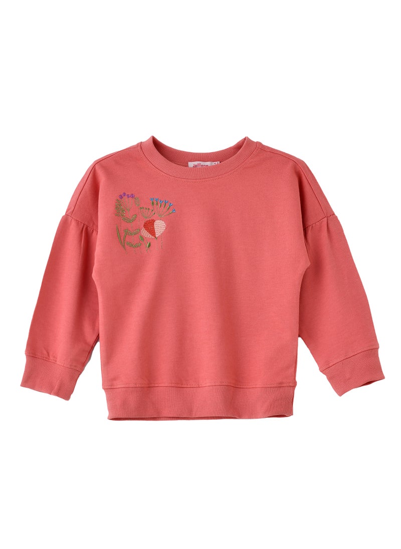 Girls Coral Sweatshirt with Floral Embroidery