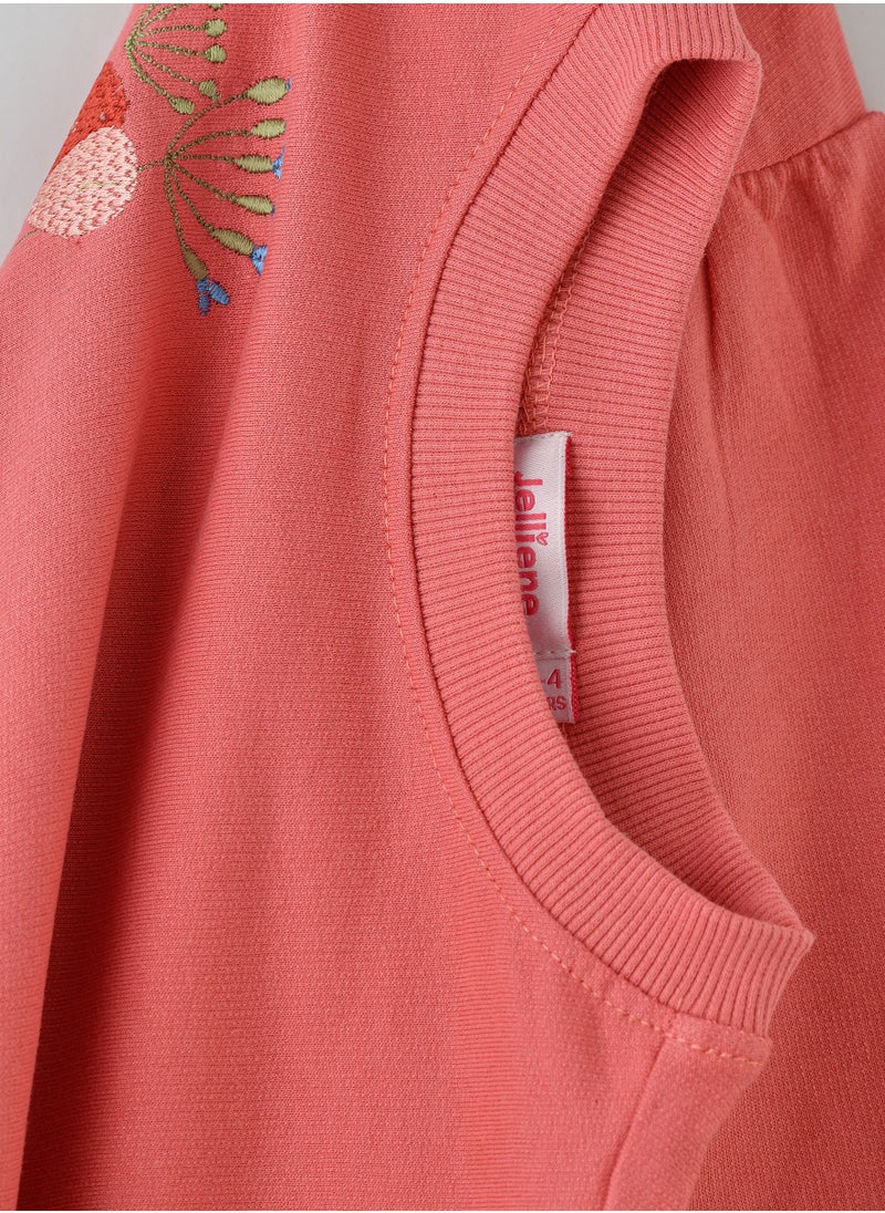 Girls Coral Sweatshirt with Floral Embroidery