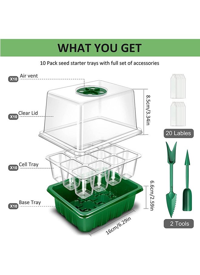 Seed Starter Tray, 10 Pack 120 Cells Thicken Seed Starting Trays Kit with Humidity Dome/Heightened Lids Growing Trays for Greenhouse & Gardens, Green