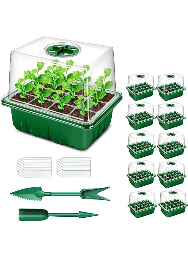 Seed Starter Tray, 10 Pack 120 Cells Thicken Seed Starting Trays Kit with Humidity Dome/Heightened Lids Growing Trays for Greenhouse & Gardens, Green