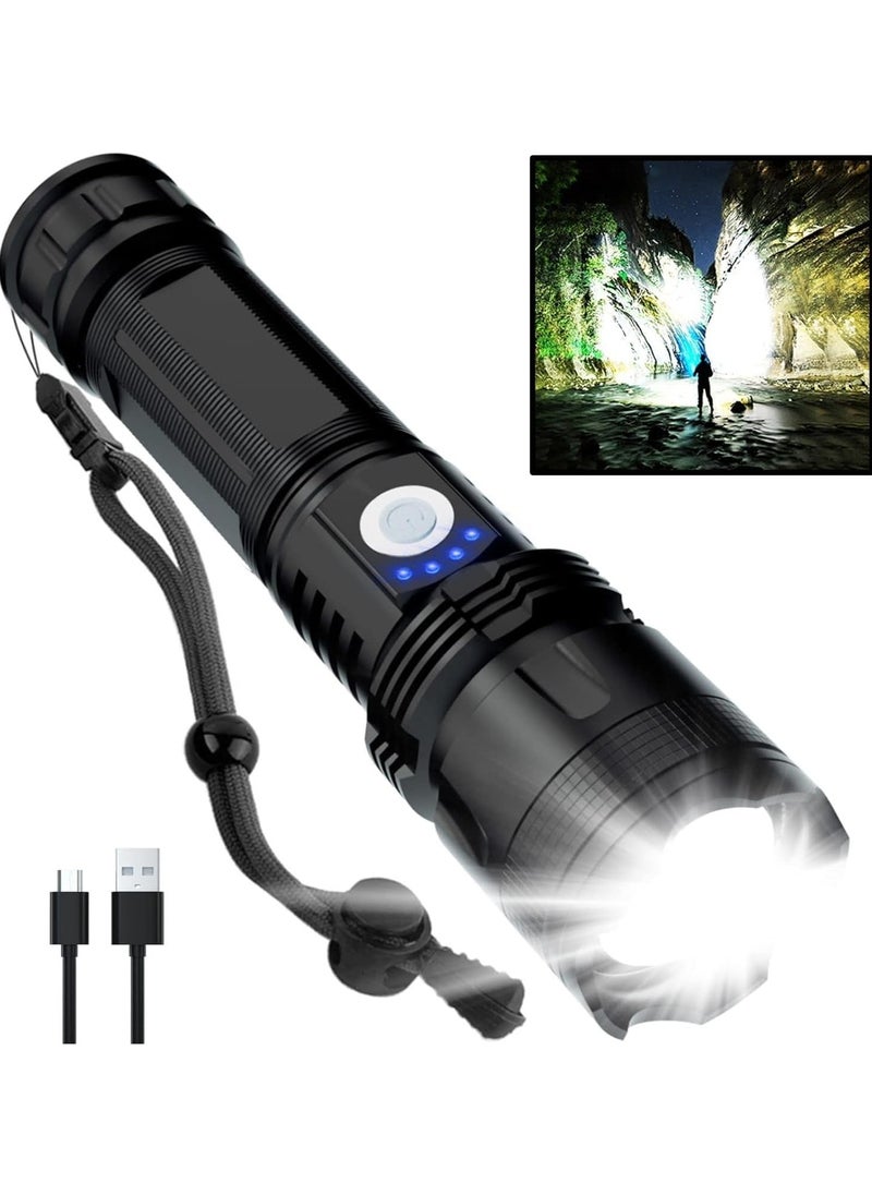 Rechargeable LED Flashlight, 990,000 Lumens Super Bright Powerful Flashlight with 5 Modes, IPX6 Waterproof Flashlight for Home, Water Resistant, Adjustable Focus Night Working & Camping