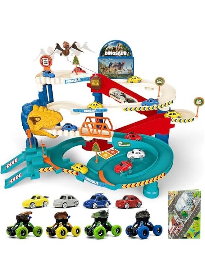 Kids Race Track Car Dinosaur Track Playset Car Adventure Racing Toys Educational Toy Vehicle Ramp Toys Preschool Gifts for 3 4 5 Year Old Boys Girls with 4 Mini Cars 4 Dino Pull Back Cars