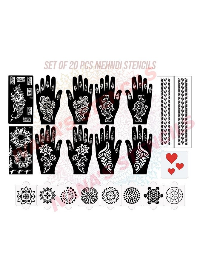 Set Of 20 Pcs Combo Pack, Reusable Heena Stencil Sticker Latest Mehandi Design Stencils For Girls, Women, Kids & Teen, D-2364