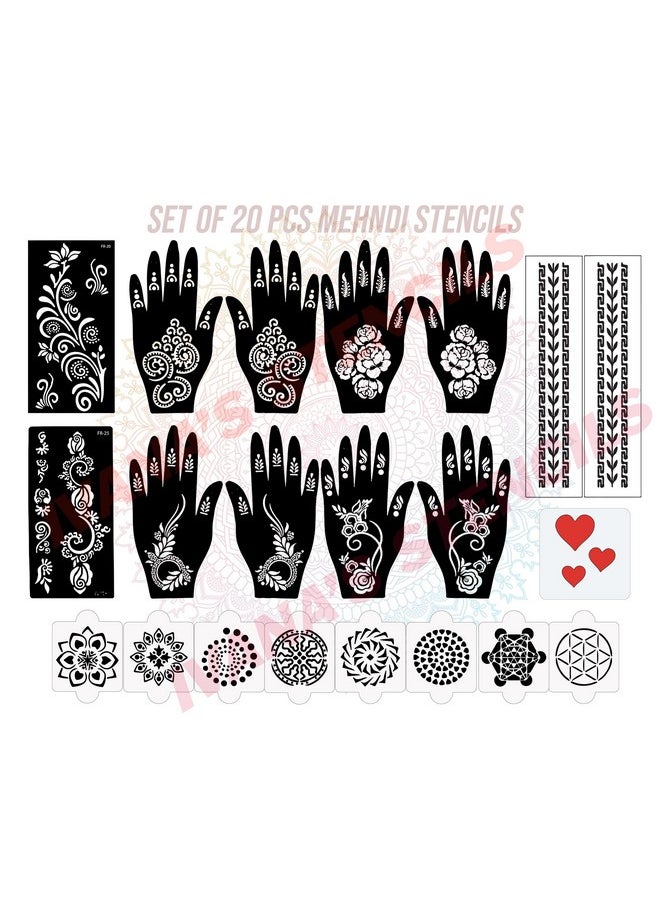 Set Of 20 Pcs Combo Pack, Reusable Mehandi For Handsfor Both Hands, Easy To Use, Best For Girls, Women, Kids & Teen| New Mehandi Stencils Design Stickers, D-2314