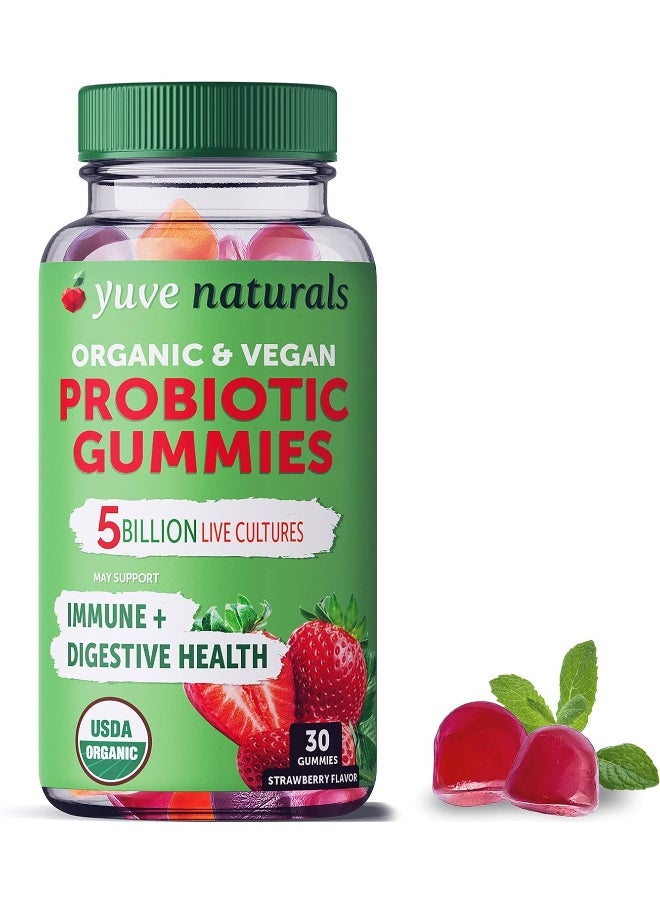 Yuve Vegan USDA Organic Probiotic Gummies - 5 Billion CFU - Promotes Digestive Health & Immunity - Helps with Constipation, Bloating, Detox, Leaky Gut & Gas Relief - Natural, Non-GMO, Gluten-Free 30ct