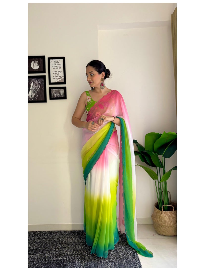 Beautiful Trendy Georgette Pink White And Green Saree With Embroidered Unstitched Blouse