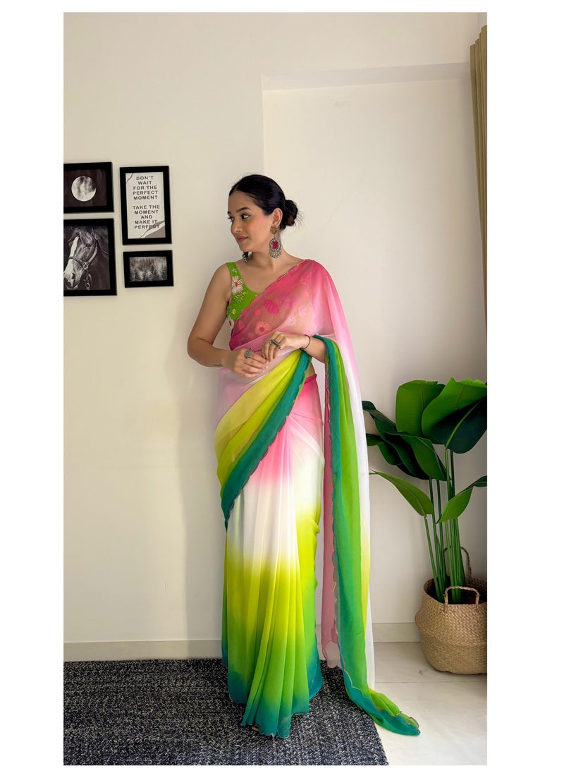 Beautiful Trendy Georgette Pink White And Green Saree With Embroidered Unstitched Blouse