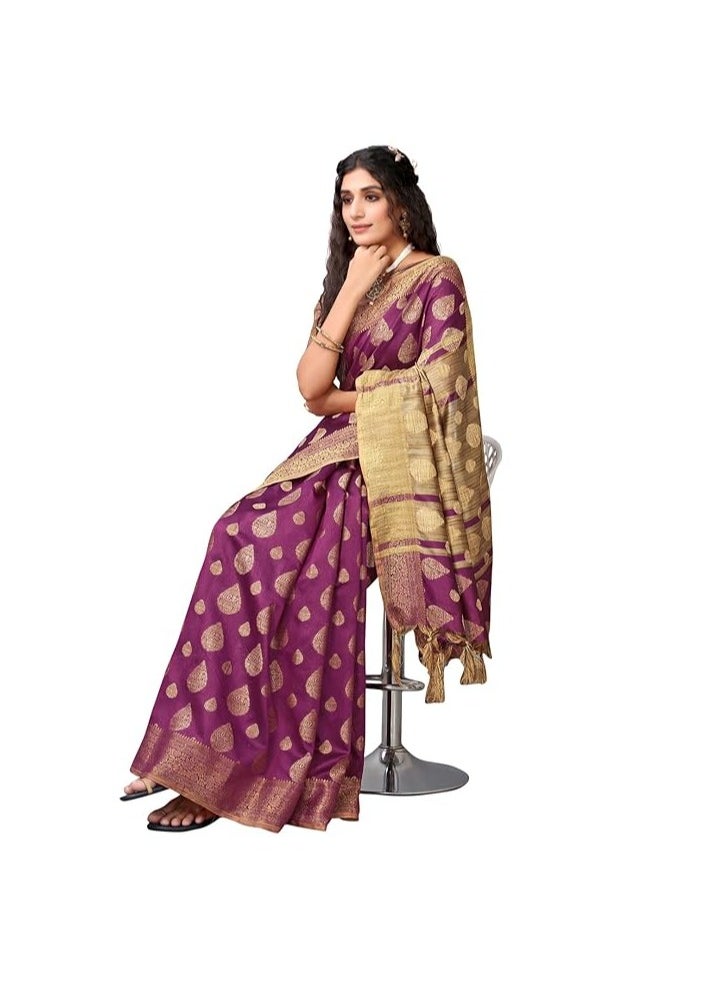 Women's Tassel & Self Woven Cotton Silk Saree with Unstitched Blouse Piece