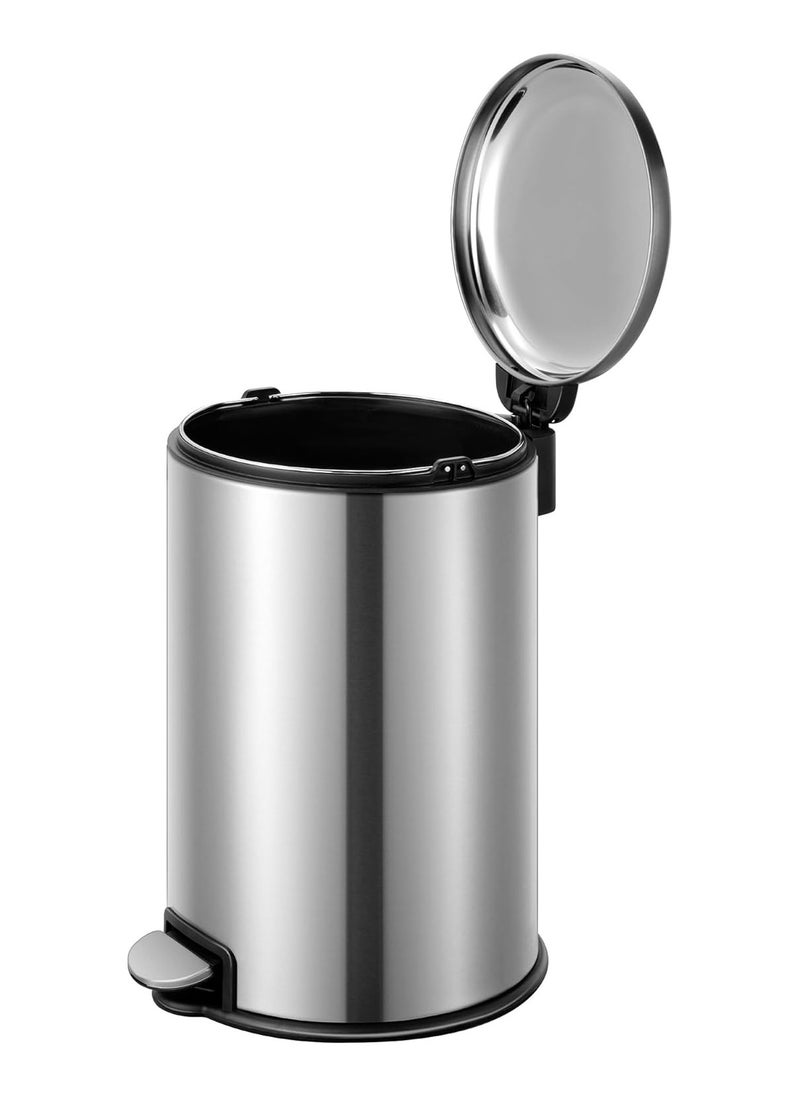 EKO 12L Pedal Bin Serene - Silver | Compact Step Round Bin with Soft-Close Lid | Fingerprint-Resistant Finish | Removable Inner Liner | Bag Stabilizer