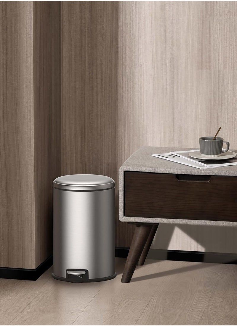 EKO 12L Pedal Bin Serene - Silver | Compact Step Round Bin with Soft-Close Lid | Fingerprint-Resistant Finish | Removable Inner Liner | Bag Stabilizer