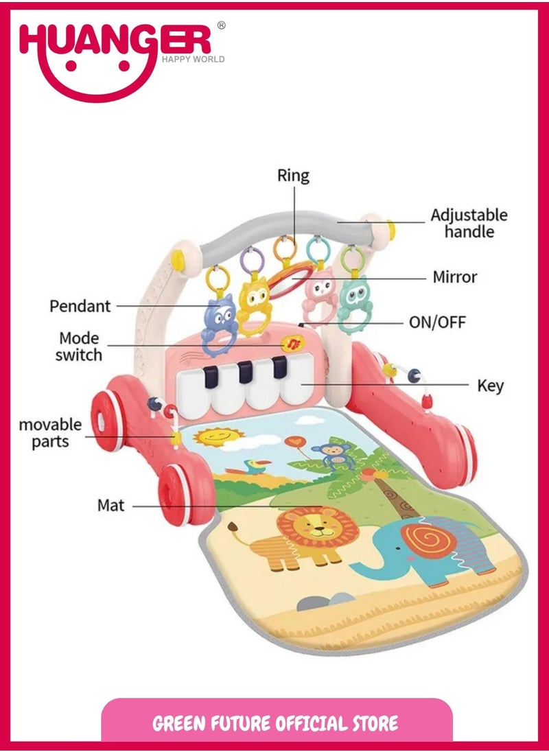 Baby Playmat w/ Piano Music, 2 in 1 Hanging Toys and Walker for Newborns and Infants, Safe Playmat for Early Learning and Motor Skills