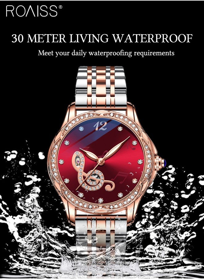 Women's Stainless Steel Strap Mechanical Watch Analog Display Round Red Dial Watch with Rhinestones Decoration Waterproof Luminous Luxurious Watch as Gift for Ladies