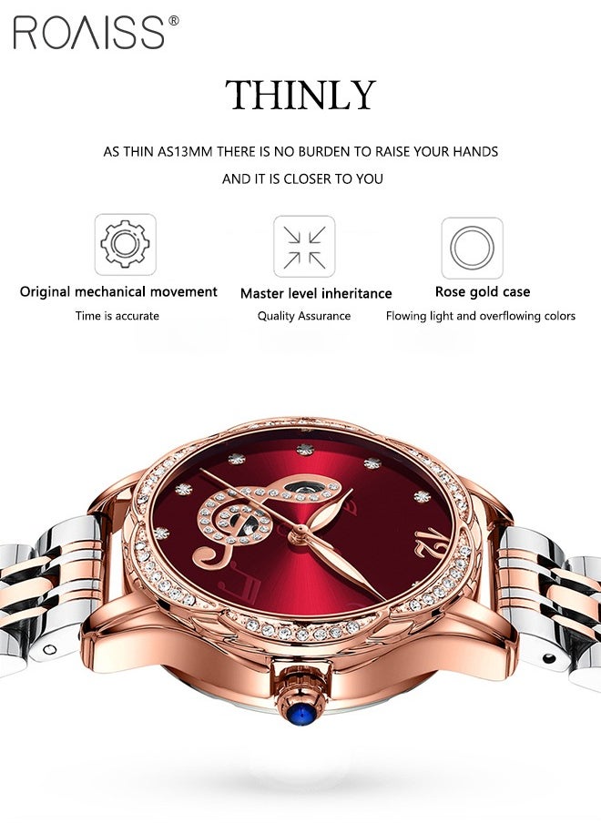 Women's Stainless Steel Strap Mechanical Watch Analog Display Round Red Dial Watch with Rhinestones Decoration Waterproof Luminous Luxurious Watch as Gift for Ladies