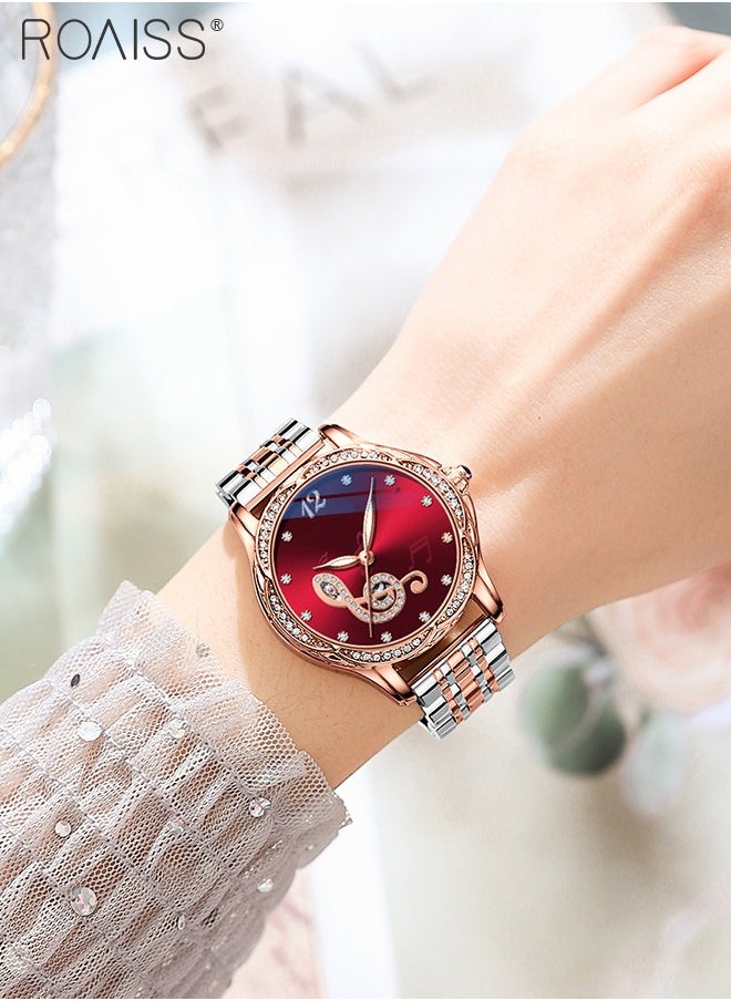 Women's Stainless Steel Strap Mechanical Watch Analog Display Round Red Dial Watch with Rhinestones Decoration Waterproof Luminous Luxurious Watch as Gift for Ladies