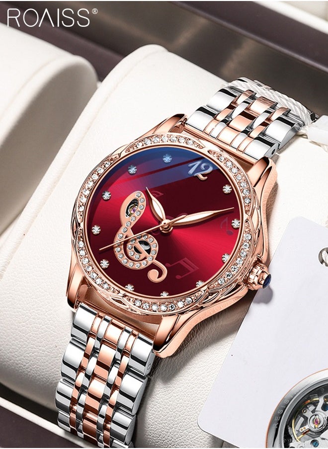 Women's Stainless Steel Strap Mechanical Watch Analog Display Round Red Dial Watch with Rhinestones Decoration Waterproof Luminous Luxurious Watch as Gift for Ladies