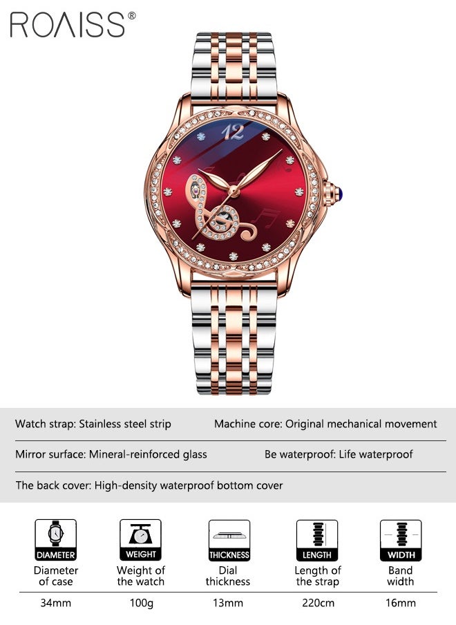 Women's Stainless Steel Strap Mechanical Watch Analog Display Round Red Dial Watch with Rhinestones Decoration Waterproof Luminous Luxurious Watch as Gift for Ladies