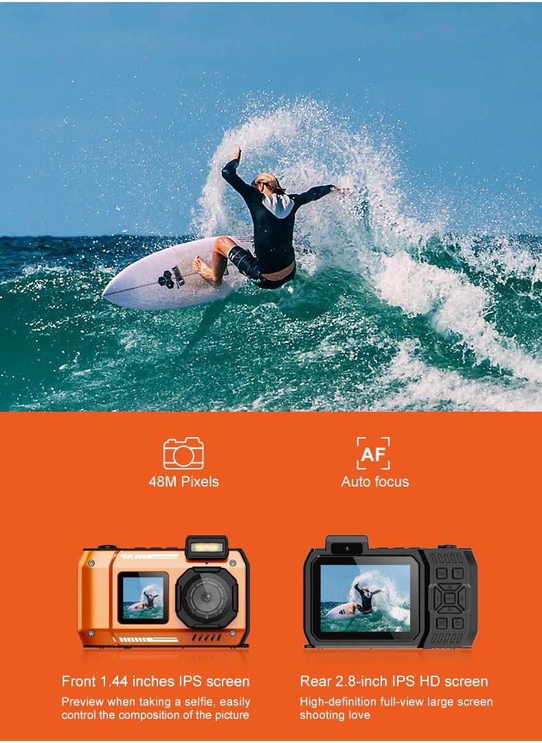 32FT Underwater Camera 4K 48MP Waterproof Camera Rugged Dustproof Shockproof, Autofocus Selfie Dual-Screen Underwater Camera for Snorkeling Diving Sport Floatable Digital Camera with 64GB Card(Orange)