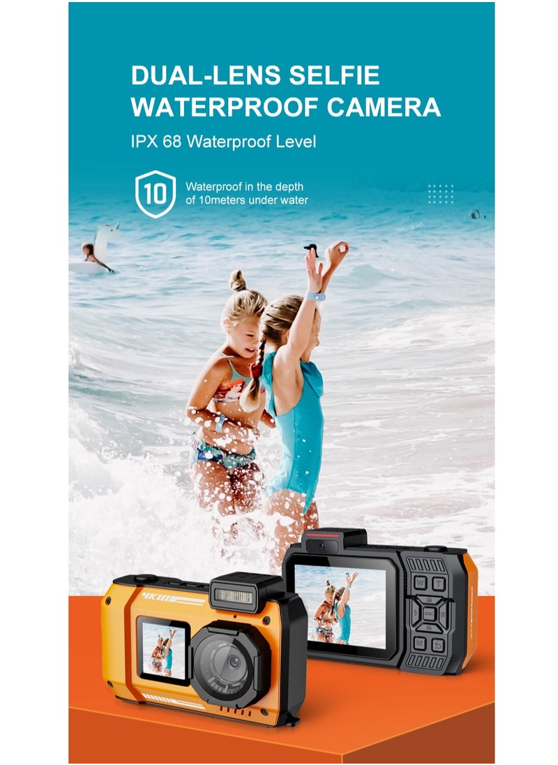 32FT Underwater Camera 4K 48MP Waterproof Camera Rugged Dustproof Shockproof, Autofocus Selfie Dual-Screen Underwater Camera for Snorkeling Diving Sport Floatable Digital Camera with 64GB Card(Orange)