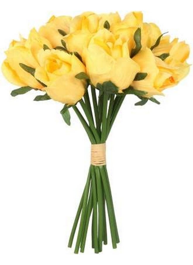 Set Of 12 Artificial Rose Flowers Bunches For Vase (24 Cm,Yellow) Home Decoration Gift Items For Living Room Corner Table Top Bedroom Wedding Party Events (Pot Not Included) Polyester